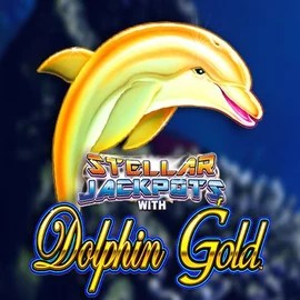 Dolphin Gold with Stellar Jackpots online game logo by Lightning Box Game on slotrushapp.com